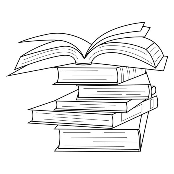 Çizgi tarzında bir yığın kitap. Dekoratif kapaklı el çizimi kitap yığını. Eğitim, okuma, öğrenme konsepti. Beyaz arkaplanda izole edilmiş siyah beyaz çizgi sanat vektörü çizimi