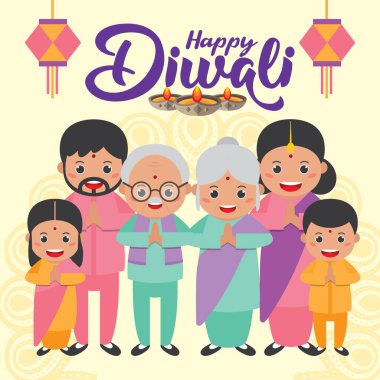Diwali ya da Deep Avali - Işık Festivali Çizgi film Hint ailesinin düz vektör çizimi ile tebrik kartı.