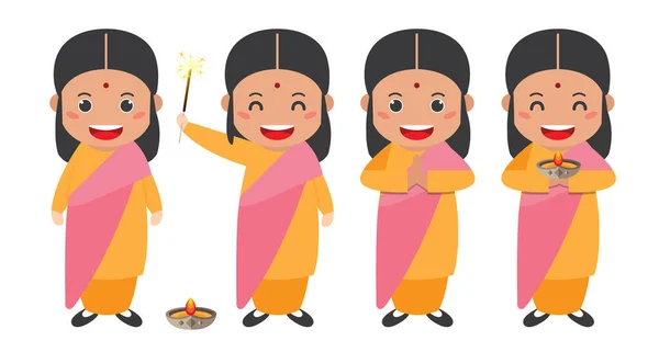 Diwali Deepavali Vektor Illusztráció Készlet Aranyos Rajzfilm Indiai Lány Különböző — Stock Vector