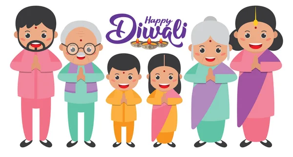 Diwali Deepavaliベクトルイラストともにかわいい漫画インディアン家族のセットの希望のポーズ — ストックベクタ