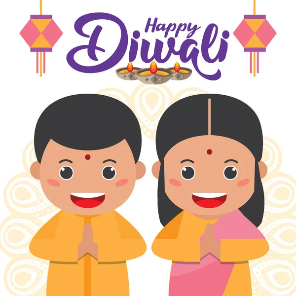 Diwali Deepavali Vektor Illustration Mit Niedlichen Karikatur Indischen Jungen Mädchen — Stockvektor