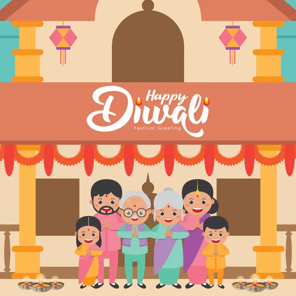 Diwali Oder Deepavali Fest Der Lichter Grußkarte Mit Niedlichen Cartoon — Stockvektor