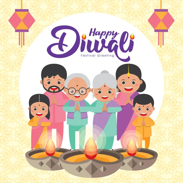 Diwali Deepavali Festival Luci Biglietto Auguri Con Simpatico Cartone Animato — Vettoriale Stock