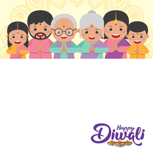 DiwaliまたはDeepavali フラットベクトルイラストでかわいい漫画インドの家族とライトバナーテンプレートの祭り — ストックベクタ