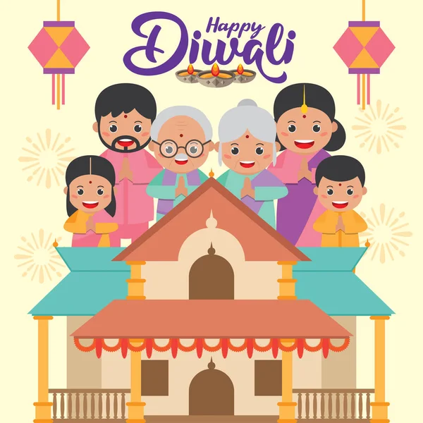 Diwali Oder Deepavali Fest Der Lichter Grußkarte Mit Niedlichen Cartoon — Stockvektor