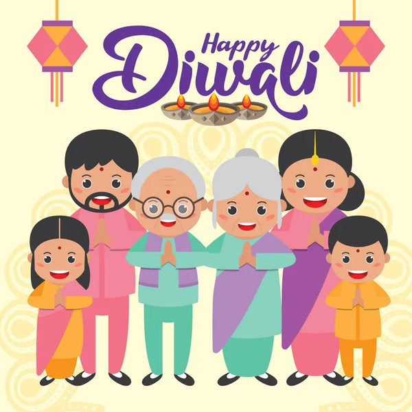 Diwali Oder Deepavali Fest Der Lichter Grußkarte Mit Niedlichen Cartoon — Stockvektor
