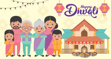 Diwali ya da deep avali - ışık festivali, düz vektör çiziminde geleneksel evi olan şirin Hint aile karikatürleriyle pankart şablonları.
