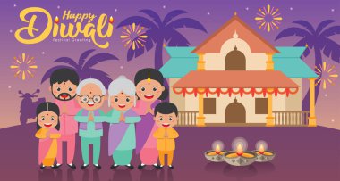 Diwali / Deepavali - Işık Festivali. Çizgi film Hint aile serebreleri festivali düz vektör illüstrasyonunda..