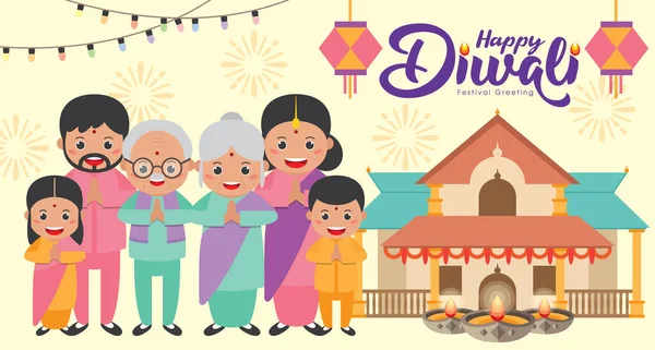 Diwali Lub Deepavali Festiwal Świateł Sztandar Szablony Cute Kreskówki Indian — Wektor stockowy