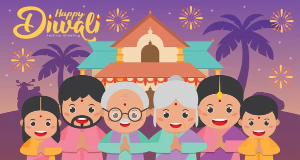 Diwali Deepavali Festiwal Szablonów Banerów Świetlnych Hinduski Festiwal Cute Kreskówki — Wektor stockowy