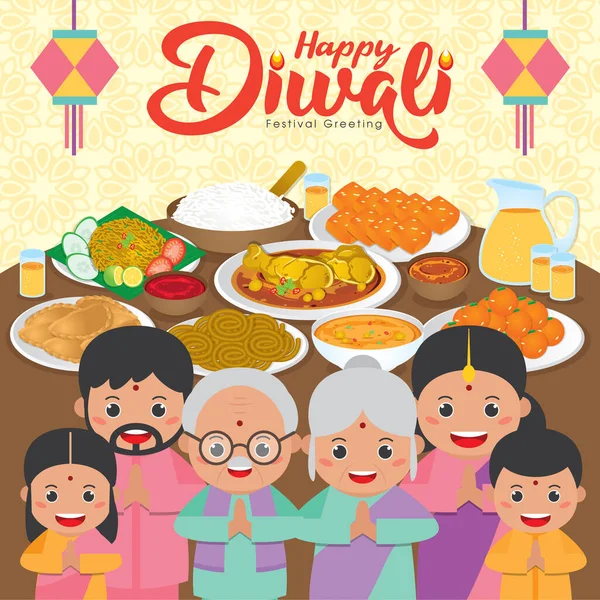 Diwali Deepavali Grußkarte Mit Happy Indian Family Reunion Dinner Zum — Stockvektor