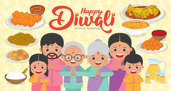 Diwali Deepavali Banner Illustration Mit Happy Indian Family Reunion Dinner — Stockvektor