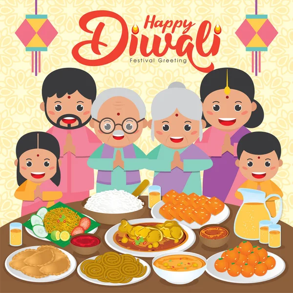 Diwali Deepavali Vektor Illustration Mit Indischem Familientreffen Abendessen Die Traditionellen — Stockvektor