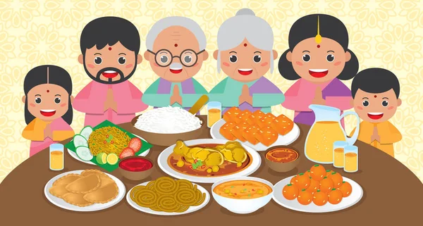 Diwali Deepavali Banner模板与印度家庭团聚晚餐一起享用传统节日食物 Murukku Ladoo Laddu Curry Curry Puff Halwa和Rice — 图库矢量图片