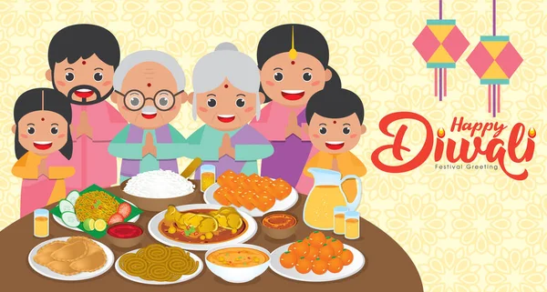Diwali Deepavali Wektor Ilustracja Happy Indian Zjazd Rodzinny Obiad Aby — Wektor stockowy