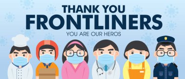 Coronavirus (covid-19) salgın sezonunda ulus için çalışan cepheye teşekkür ederiz. Çizgi film doktoru, hemşire, polis, ordu personeli, yemek sunucuları, kuryeler ve önemli perakendeciler daire tasarımı.