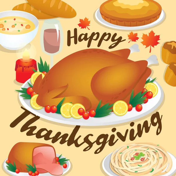 Illustration Vectorielle Thanksgiving Christmas Dinner Avec Dinde Thanksgiving Autres Délicieux — Image vectorielle