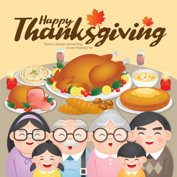 Thanksgiving & Christmas dinner greeting card with happy family reunion to celebrating Thanksgiving day and enjoy the turkey and other delicious meal.