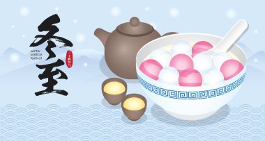Dong Zhi ya da kış gündönümü festivali. TangYuan (tatlı börek) çorba ile servis edilir. Çin mutfağı illüstrasyonu. Kış Gündönümü Festivali)