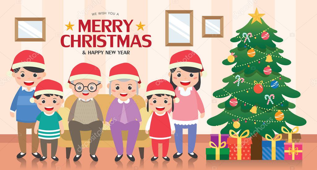 Merry Christmas banner Illustration with happy family reunion and christmas tree in living room.  