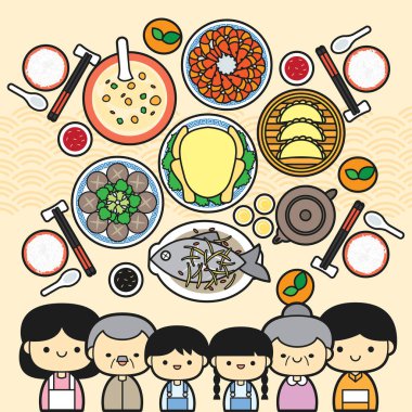 Çin Yeni Yıl Arifesi, Geleneksel festival yemekleriyle Aile Buluşma Akşam Yemeği Vektörü İllüstrasyonu.