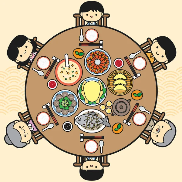 Nochevieja China Cena Reunión Familiar Vector Ilustración Con Deliciosos Platos — Archivo Imágenes Vectoriales