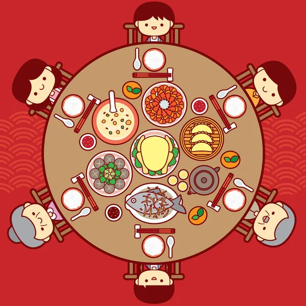 Nochevieja China Cena Reunión Familiar Vector Ilustración Con Deliciosos Platos — Vector de stock