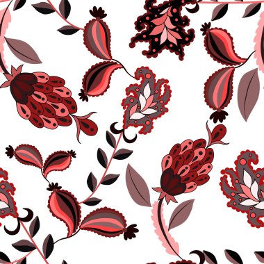 Çiçekli ve yapraklı, etnik tarzda yaratıcı, pürüzsüz bir desen. Çiçek süsleme. Geleneksel şal deseni. Tekstil tasarım dokusu. Kabilesel etnik klasik dikişsiz model..