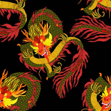 Elle çizilmiş Çin sanatı öğeleri olan yaratıcı, kusursuz desenler: ejderha, fener, yelpaze ve çiçekler. Moda baskısı. Fantezi Çin ejderhası, her amaç için harika bir tasarım. Asya kültürü. Soyut sanat.