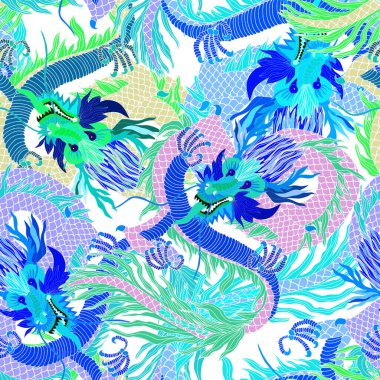 Elle çizilmiş Çin sanatı öğeleri olan yaratıcı, kusursuz desenler: ejderha, fener, yelpaze ve çiçekler. Moda baskısı. Fantezi Çin ejderhası, her amaç için harika bir tasarım. Asya kültürü. Soyut sanat.