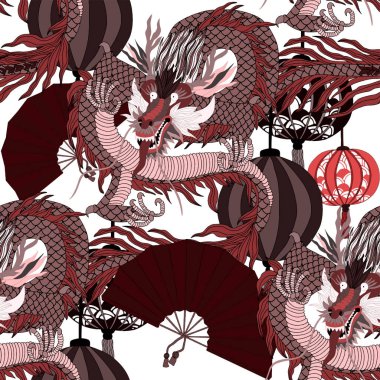 Elle çizilmiş Çin sanatı öğeleri olan yaratıcı, kusursuz desenler: ejderha, fener, yelpaze ve çiçekler. Moda baskısı. Fantezi Çin ejderhası, her amaç için harika bir tasarım. Asya kültürü. Soyut sanat.