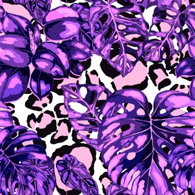 Hayvani dokuda tropik, pürüzsüz bir desen. Orman egzotik yaz baskısı. Yaz tropik yaprakları. Tropik çiçek deseni. Çiçekli tropik illüstrasyon. Vektörsüz desen.