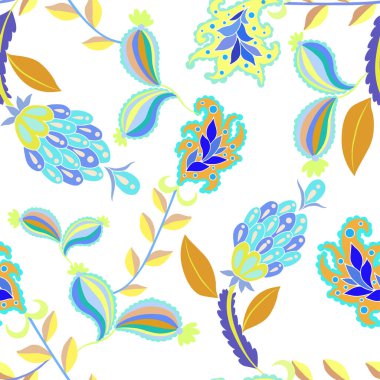 Çiçekli ve yapraklı, etnik tarzda yaratıcı, pürüzsüz bir desen. Çiçek süsleme. Geleneksel şal deseni. Tekstil tasarım dokusu. Kabilesel etnik klasik dikişsiz model..