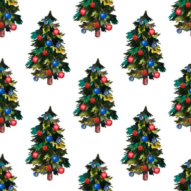 Spruce ile suluboya kusursuz desen. Kağıt ya da tekstil ambalajı için harika Noel izni baskısı.