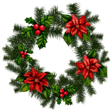 Noel çelenginin suluboya çizimi.