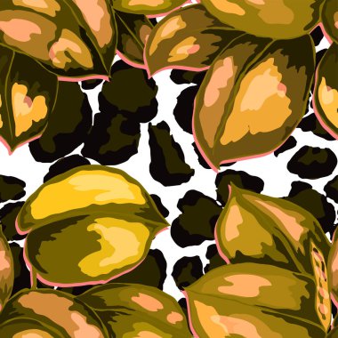 Hayvani dokuda tropik, pürüzsüz bir desen. Orman egzotik yaz baskısı. Yaz tropik yaprakları. Tropik çiçek deseni. Çiçekli tropik illüstrasyon. Vektörsüz desen.