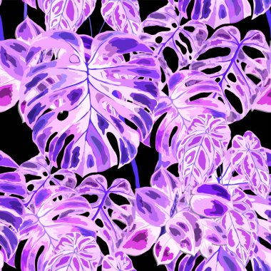 Tropikal yapraklarla kusursuz desen. El yapımı egzotik bitkiler. Yaz doğası baskısı. Her türlü yüzey tasarımı için kullanılabilir. Vektör.