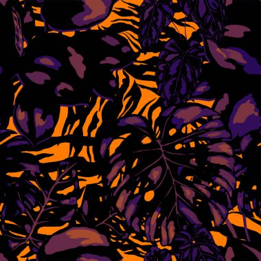 Hayvani dokuda tropik, pürüzsüz bir desen. Orman egzotik yaz baskısı. Yaz tropik yaprakları. Tropik çiçek deseni. Çiçekli tropik illüstrasyon. Vektörsüz desen.