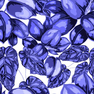 Tropikal yapraklarla kusursuz desen. El yapımı egzotik bitkiler. Yaz doğası baskısı. Her türlü yüzey tasarımı için kullanılabilir. Vektör.