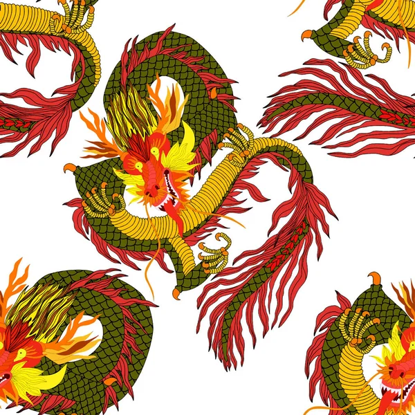 Kreatives Nahtloses Muster Mit Handgezeichneten Chinesischen Kunstelementen Drachen Laterne Fächer — Stockvektor