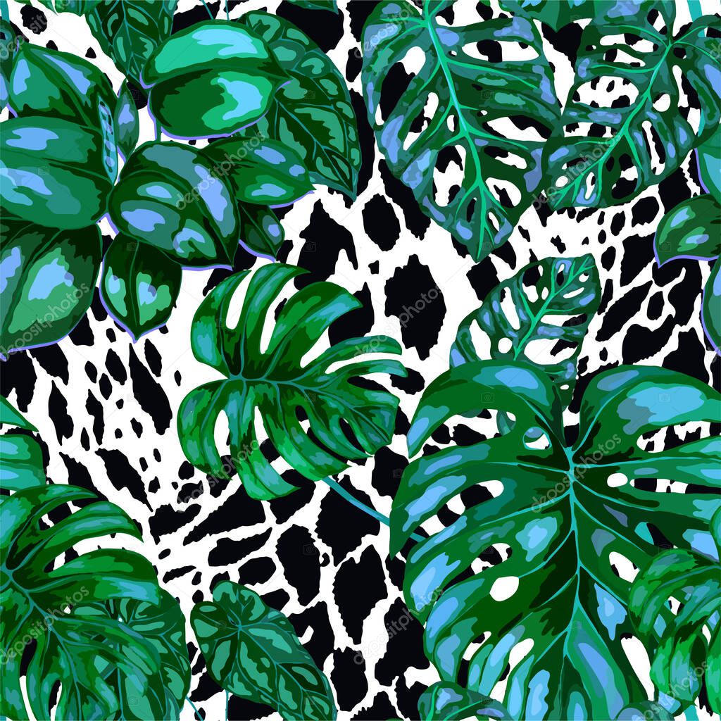 Tropical seamless pattern on animalistic texture. Jungle exotic summer print. Summer tropical leaf. Tropical flower fashion pattern. Floral tropic illustration. Vector seamless pattern.