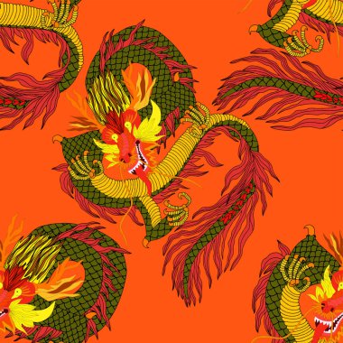 Elle çizilmiş Çin sanatı öğeleri olan yaratıcı, kusursuz desenler: ejderha, fener, yelpaze ve çiçekler. Moda baskısı. Fantezi Çin ejderhası, her amaç için harika bir tasarım. Asya kültürü. Soyut sanat.