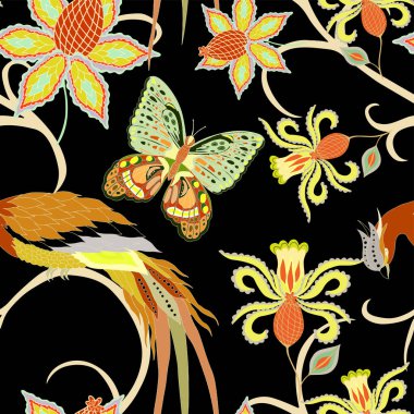 Doğulu dürtüler. Güzel etnik çiçeklerle, kuşla ve tereyağlı kusursuz bir desen. Çiçek süsleme. Geleneksel şal deseni. Tekstil tasarım dokusu. Kabilesel etnik klasik dikişsiz model..