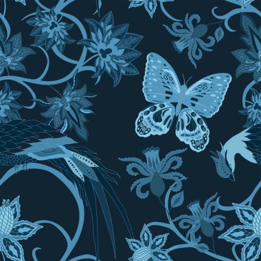 Doğulu dürtüler. Güzel etnik çiçeklerle, kuşla ve tereyağlı kusursuz bir desen. Çiçek süsleme. Geleneksel şal deseni. Tekstil tasarım dokusu. Kabilesel etnik klasik dikişsiz model..