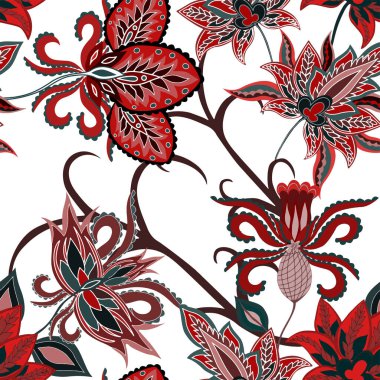 Doğulu dürtüler. Güzel etnik çiçekler ve desenli kusursuz bir desen. Çiçek süsleme. Geleneksel şal deseni. Tekstil tasarım dokusu. Kabilesel etnik klasik dikişsiz model..