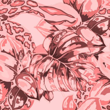 Piton ve tropikal yapraklarla kusursuz bir desen. Elle çizilmiş egzotik bitki ve yılan desenli güzel bir iz. Mayo botanik tasarımı. Vektör