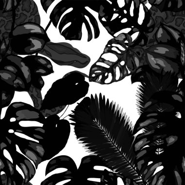 Piton ve tropikal yapraklarla kusursuz bir desen. Elle çizilmiş egzotik bitki ve yılan desenli güzel bir iz. Mayo botanik tasarımı. Vektör