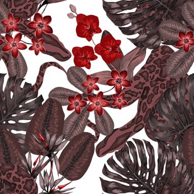 Piton ve tropikal yapraklarla kusursuz bir desen. Elle çizilmiş egzotik bitki ve yılan desenli güzel bir iz. Mayo botanik tasarımı. Vektör