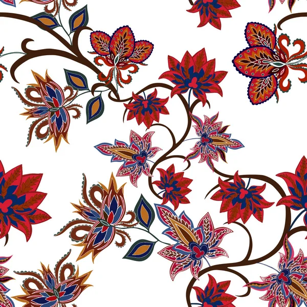Doğulu dürtüler. Güzel etnik çiçekler ve desenli kusursuz bir desen. Çiçek süsleme. Geleneksel şal deseni. Tekstil tasarım dokusu. Kabilesel etnik klasik dikişsiz model..