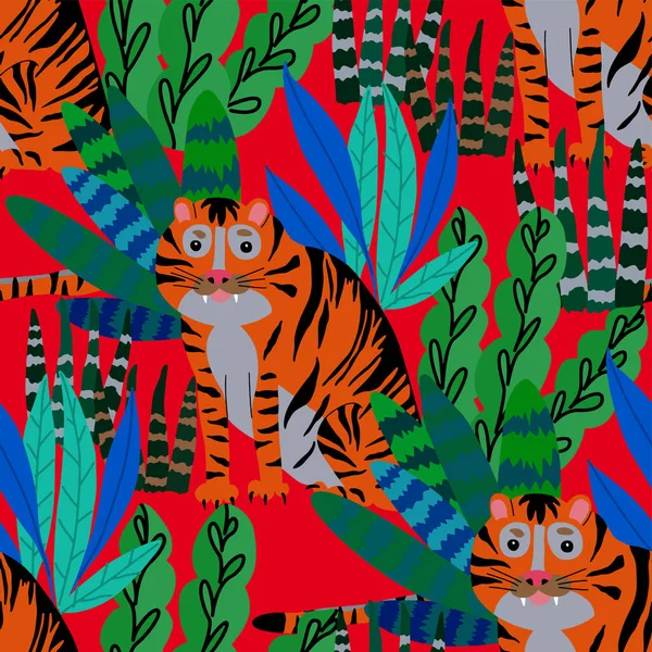 Patrón Creativo Sin Costuras Con Tigre Bosque Tropical Estampado Brillante — Vector de stock